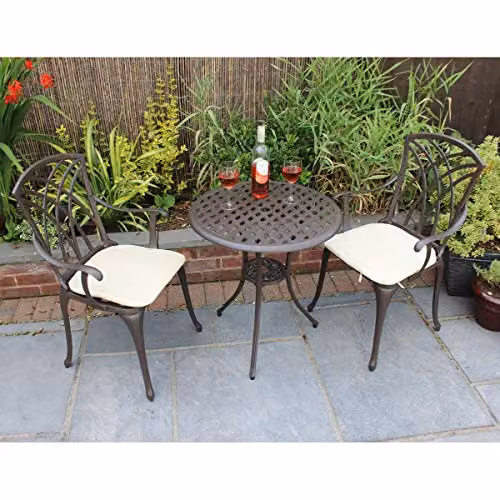 Charles Bentley 3 Piece Powder Coated Aluminium Bistro Set in Brown with Beige Cushions – 3