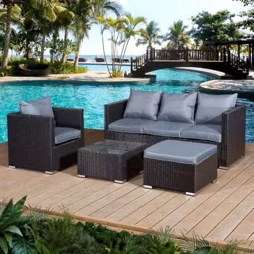 Oseasons Acorn 5 Seat Rattan Lounge Sofa Set with Ottoman in Black and Grey – 1