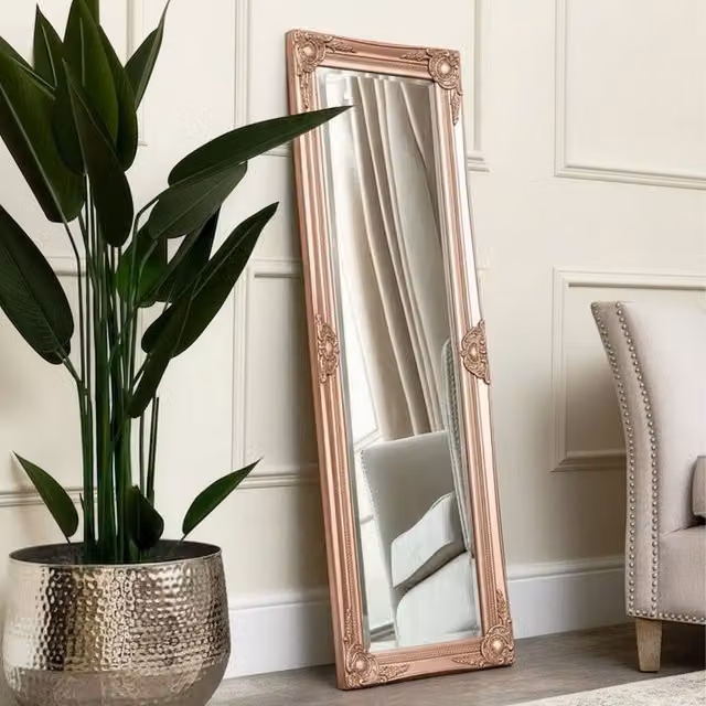 Melody Maison Tall Ornate Shabby Chic Wall Mirror in Rose Gold and Pink, W: 47 cm, H: 142 cm – 1