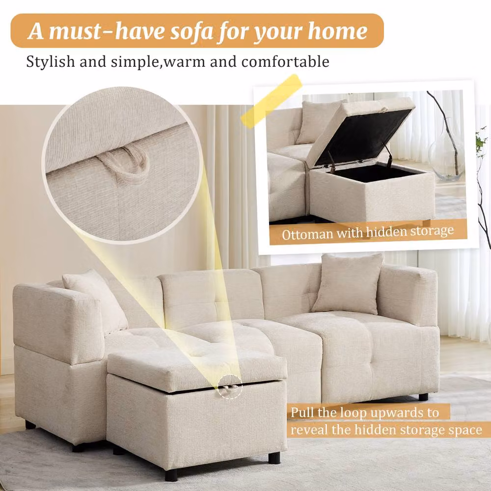 FENCHILIN L-Shaped Reversible Corner Sofa with Movable Storage Ottoman and Scatter Cushions in Beige – 2