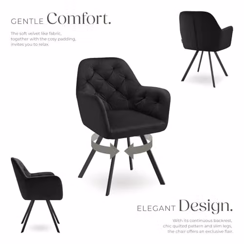 tectake Set of 6 Lucia Velvet Dining Armchairs with Geometric Pattern and Swivel Function, Black – 5