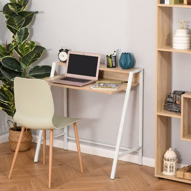 HOMCOM Modern 2 Tier Computer Laptop Study Desk for Home Office in White and Brown