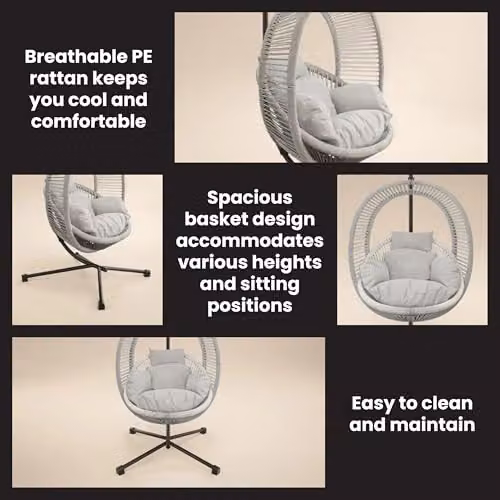 Solace+Co Lana Rattan Egg Chair with Stand in Light Beige – 5