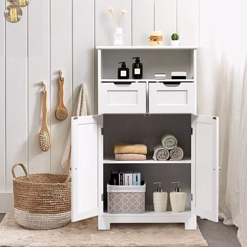 EONLION White Lacquered Wooden Freestanding Bathroom Floor Cabinet with Hinged Doors and Internal Shelves and Drawers – 2