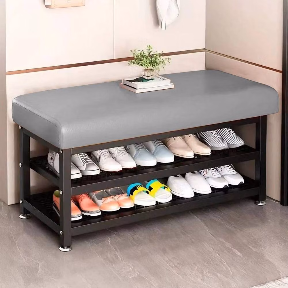 KORVIXA Grey Synthetic Leather Shoe Bench and Storage Rack – 3