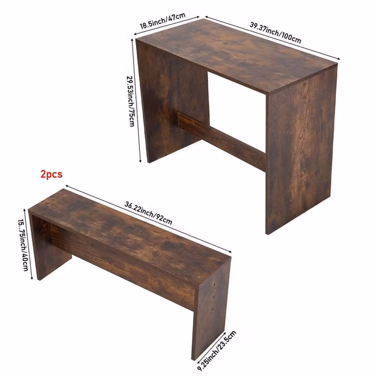 KORVIXA 3-Piece Rustic Brown Wooden Square Dining Table and Bench Set, W/D/H: 100 x 100 x 100 cm