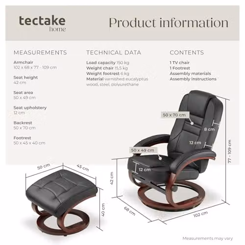 tectake Swivel Recliner Chair with Ottoman and Synthetic Leather Cover in Black and Brown – 3