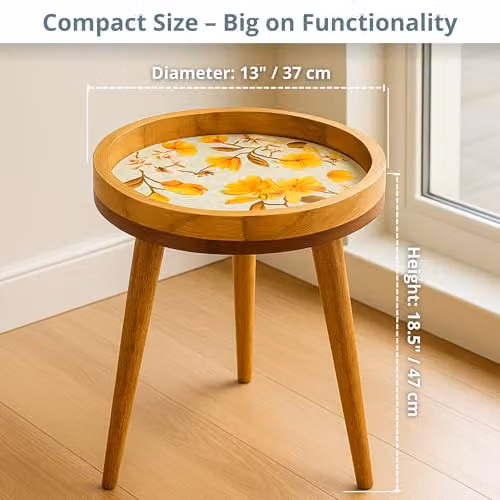 Hartsmede Mango Wood Round Coffee Side Table with V Bouquet Floral Resin Enamel Top, Multicolour, W/D/H: 38 x 38 x 46 cm – 2