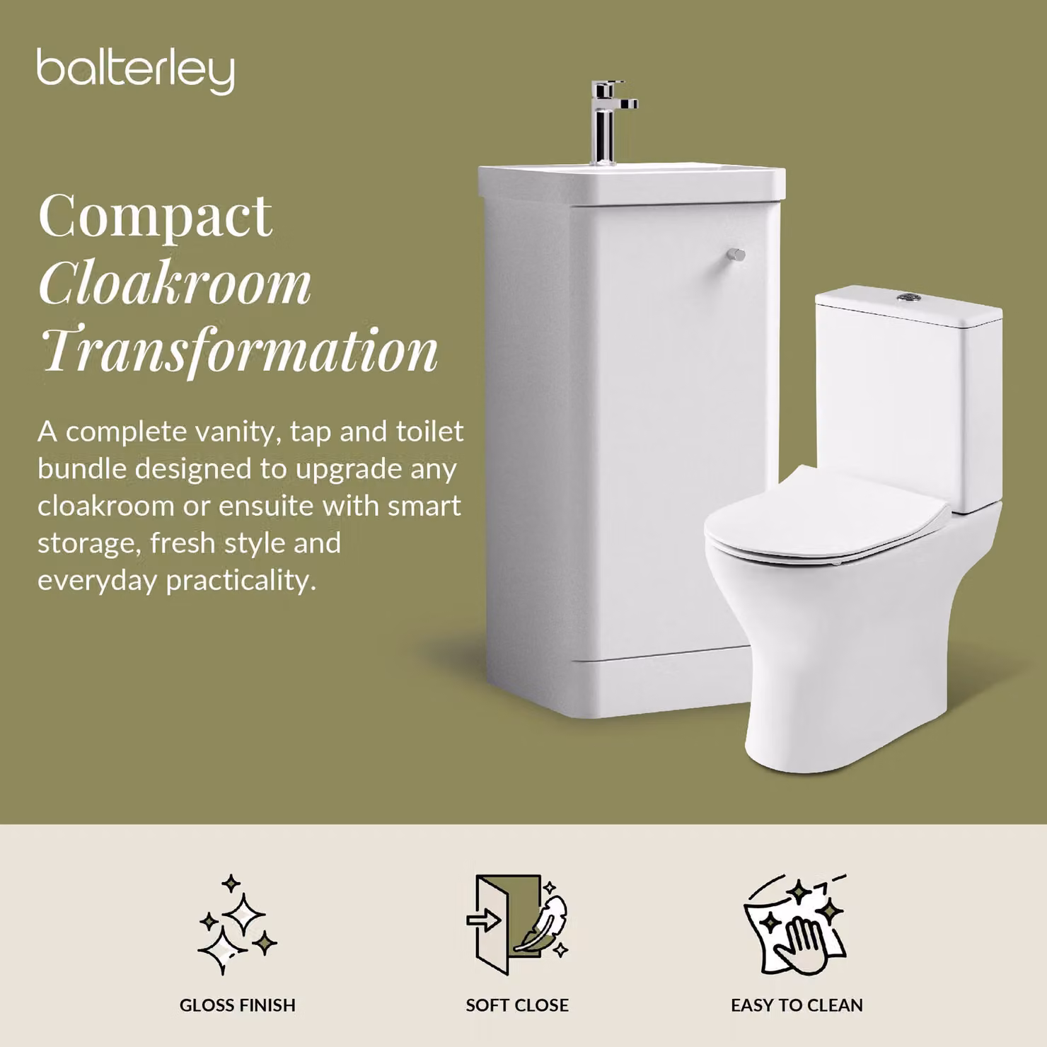 Balterley White Glossy 1 Door Freestanding Bathroom Vanity Unit with Tap and Toilet Pack – 2