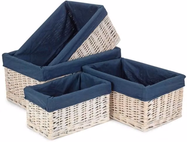 Red Hamper Set of 4 Blue Wicker Open Storage Baskets with White Wash and Navy Lining – 1