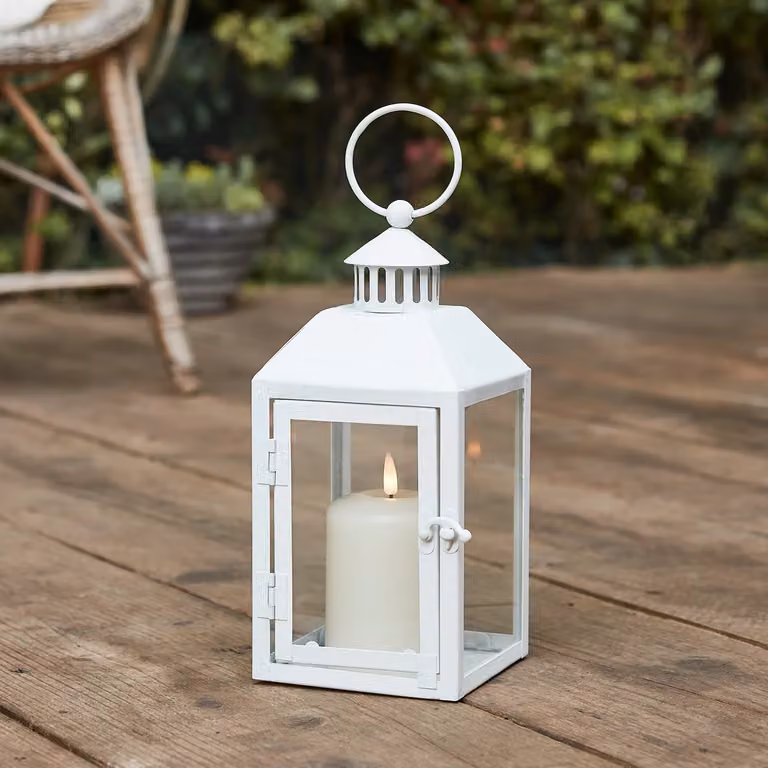 Lights4fun Perth White Metal Tabletop Garden Lantern with TruGlow Pillar Candle and Remote Control, W/D/H: 12.0 x 26.0 x 12.0 cm
