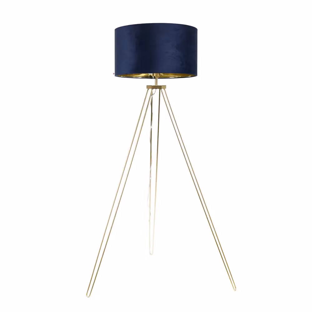 ValueLights Aero Gold Hairpin Tripod Floor Lamp with Navy Blue Velvet and Gold Cylinder Shade – 2