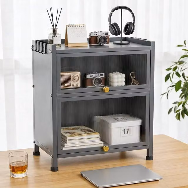 KORVIXA 3 Tier Spice Rack with Doors Countertop Condiment Storage Cabinet, Grey, W: 100 cm, D: 60 cm, H: 100 cm