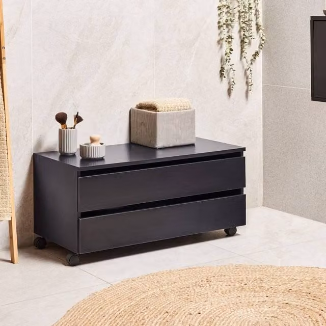 Wyld and Coco Black Modern Bathroom Cabinet with Wheels and Two Drawers, W/D/H: 38 x 30 x 80 cm – 1