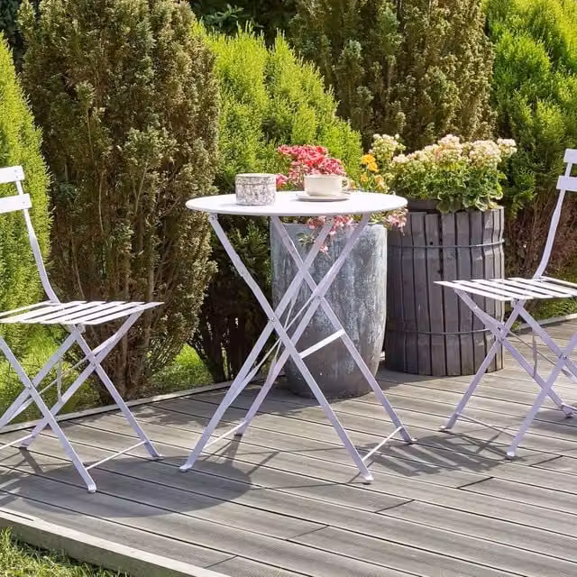 Wyld and Coco Purple Metal Folding Slatted Seat Back Outdoor Bistro Set in Violet, W/D/H: 60 x 60 x 72 cm – 1