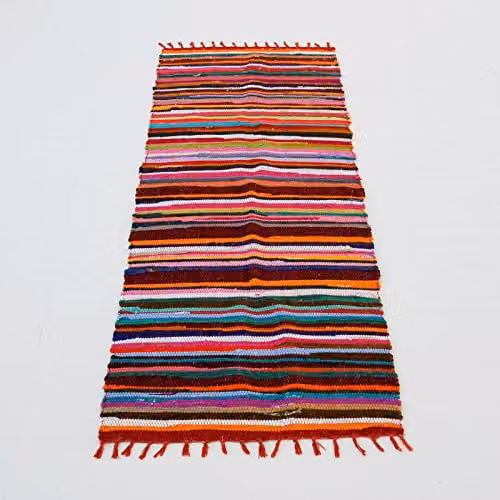 Paper High Multicoloured Striped Reclaimed Rag Rug, W: 75 cm, L: 180 cm