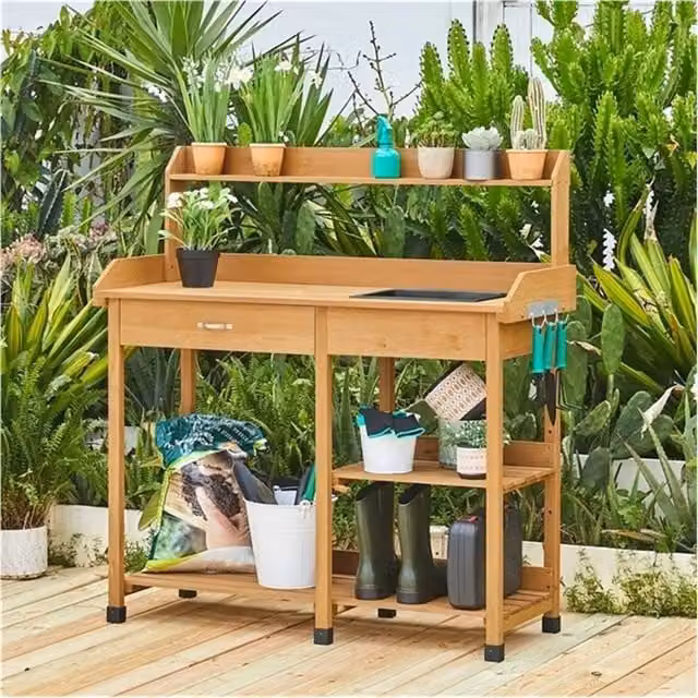 SPETLEK Wooden Potting Bench with Removable Sink Drawer and Side Hooks in Brown, W/D/H: 121.0 x 45.0 x 45.0 cm