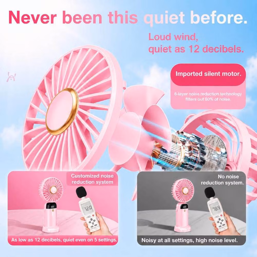 Dyzi Portable Handheld Mini Fan, Rechargeable USB-C with Stand, Pink – 2
