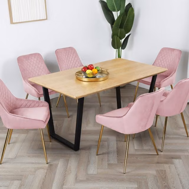 Home Garden Direct Oak Dining Table Set with 6 Pink Velvet Hamilton Chairs and Gold Legs