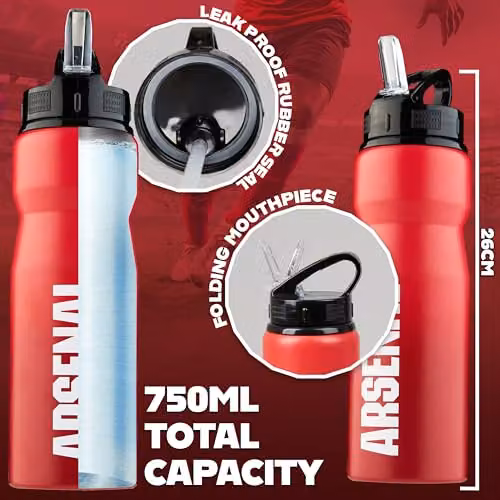 Hy-Pro International Arsenal F.C. Aluminium Sports Water Bottle with Straw, Red, 750ml – 6