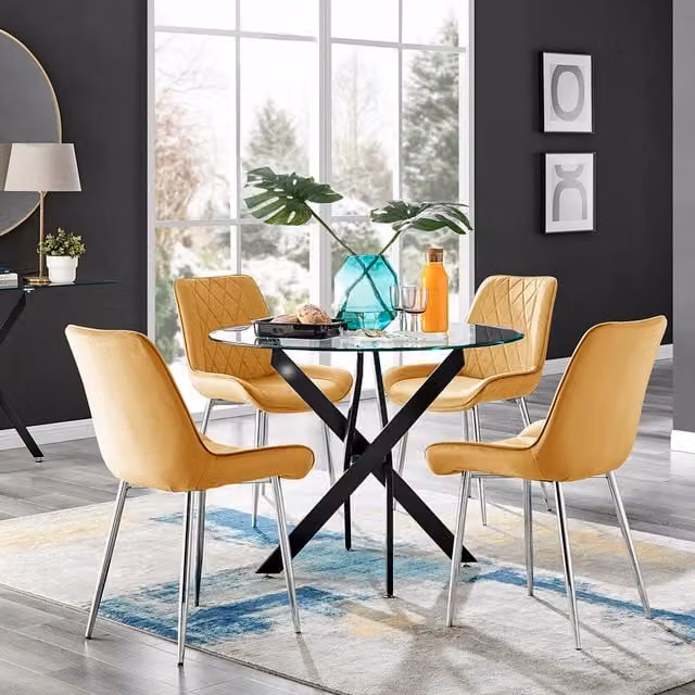 FurnitureboxUK Novara Round Glass Dining Table with 4 Pesaro Silver and Mustard Velvet Chairs