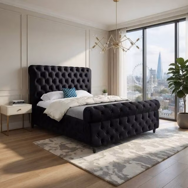 Casani Steeton Sleigh Upholstered Designer Bed Frame in Black Soft Velvet, W/D/H: 120 x 200 x 83 cm