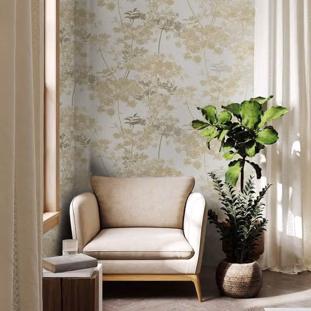 Superfresco Meadow Trees and Floral Botanical Wallpaper in Cream, Beige and Gold