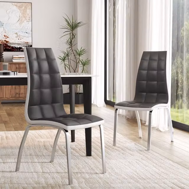 Livingandhome Modern High-Back Grey Faux Leather Dining Chair with Metal Legs