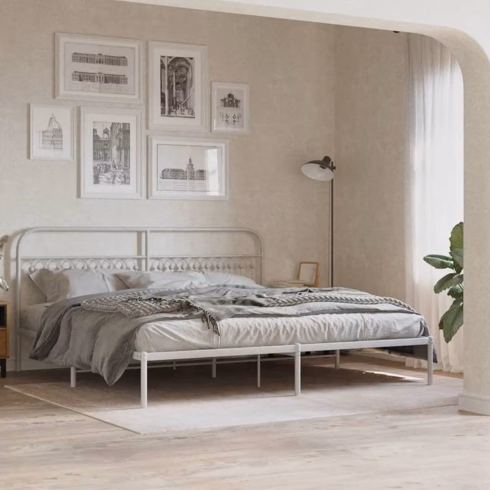 Berkfield Home Metal Bed Frame with Headboard, White, 193 x 203 cm – 2