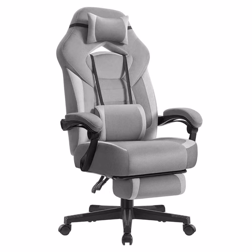 The Bazaarist Ergonomic Grey Velvet Fabric Gaming Chair with Headrest and Armrests – 2
