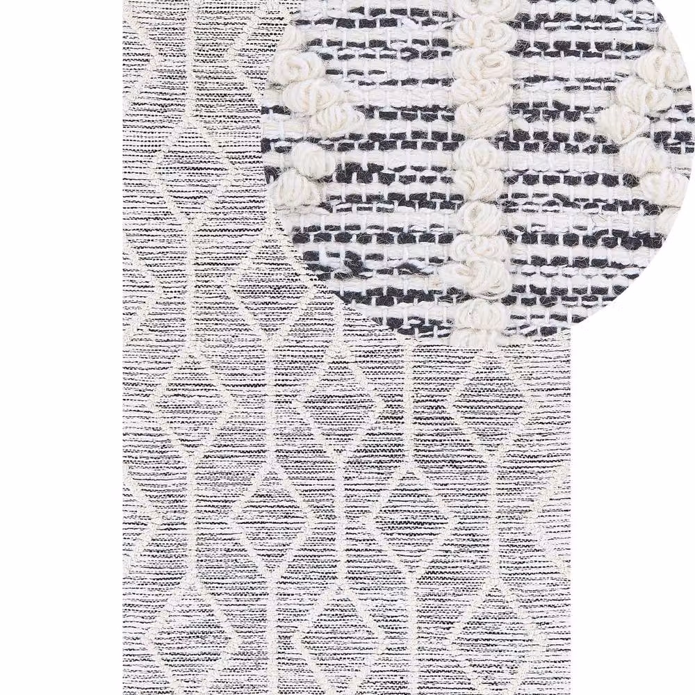 Wyld and Coco Geometric Handwoven Wool-Cotton Rug in Grey and Beige, W: 80 cm, L: 150 cm