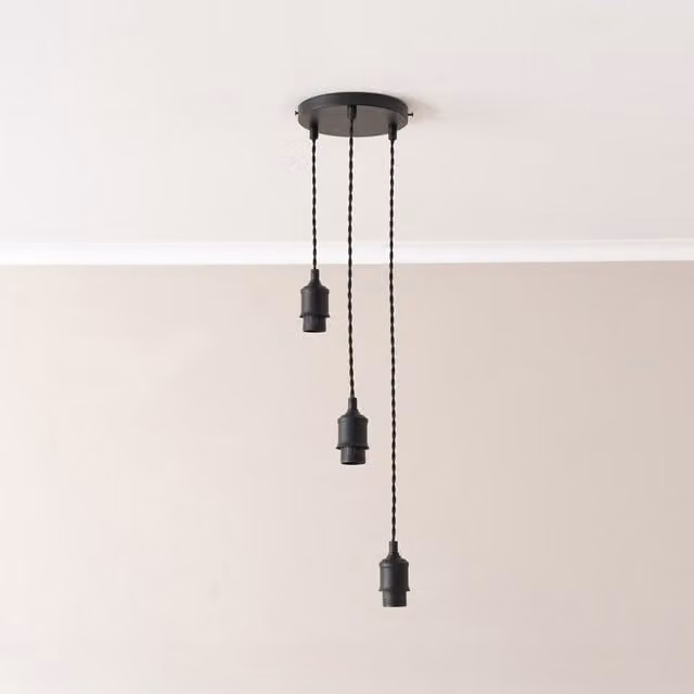 Shaw 3 Way Drop Cluster Adjustable Pendant Ceiling Lampholder in Matte Black Metal with E27 Sockets