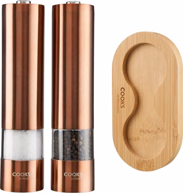 Cooks Professional Electric Automatic Salt and Pepper Mill Set with Bamboo Base in Copper