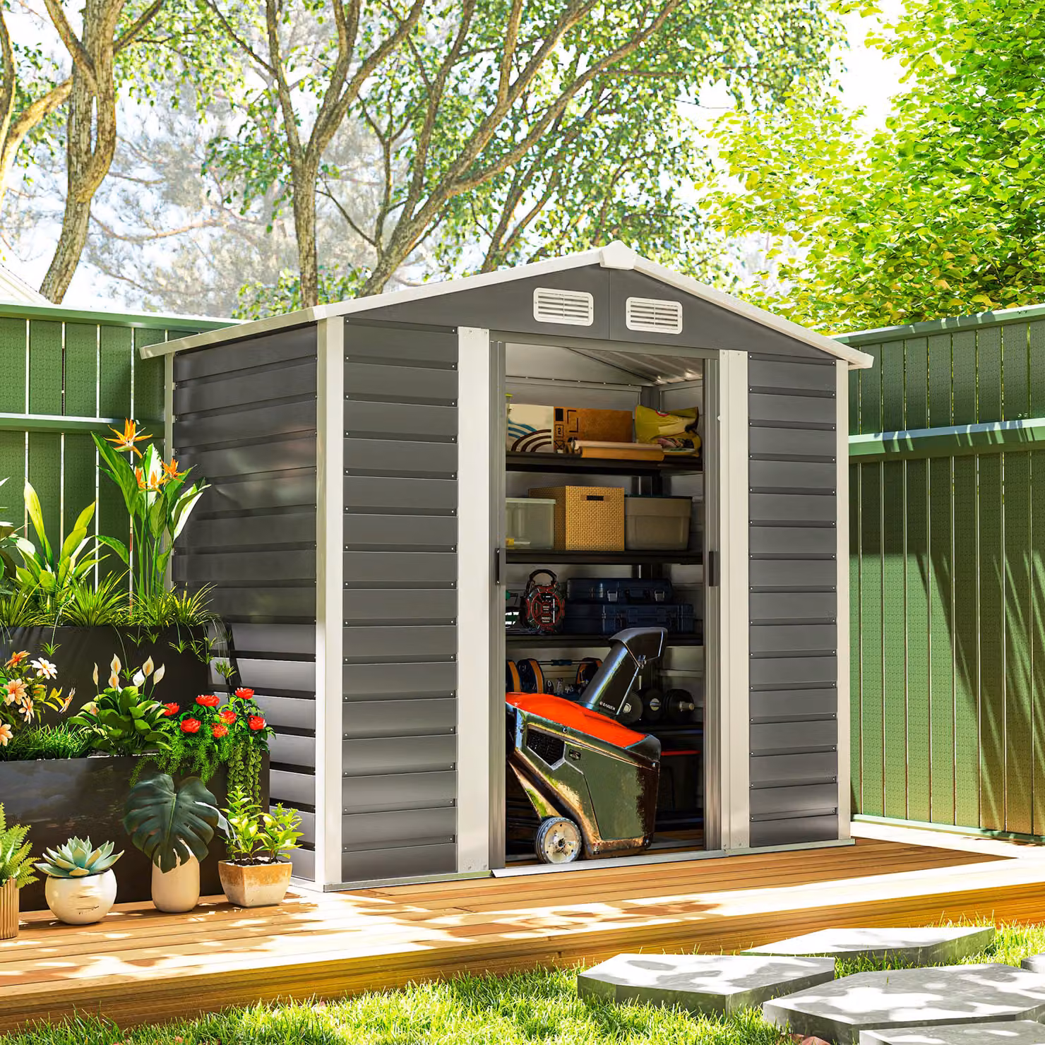 Outsunny Galvanised Steel Metal Garden Shed in Dark Grey with Double Lockable Doors and Vents, W/D/H: 213.36 x 114.0 x 158.0 cm – 6