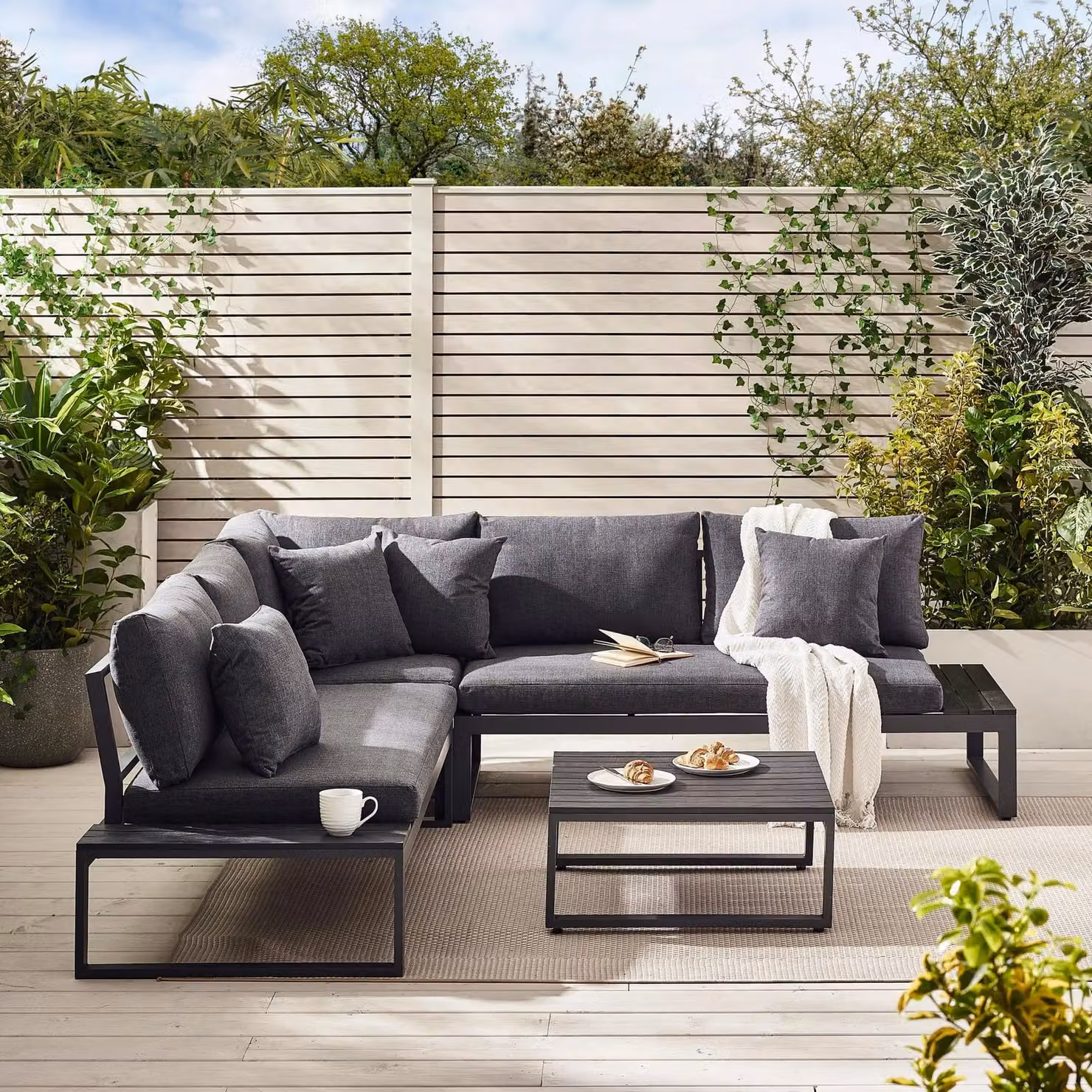 FurnitureboxUK Dubai 6 Seater L-Shape Outdoor Corner Sofa Set with Coffee Table in Grey and White – 2