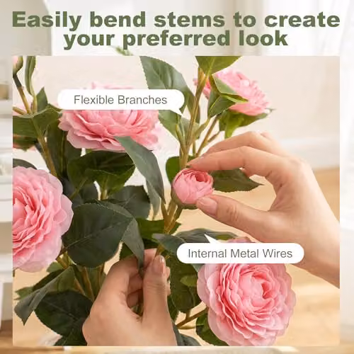 HOMCOM Pink Artificial Camellia Flower Plant with Green Leaves, Height: 65 cm – 5