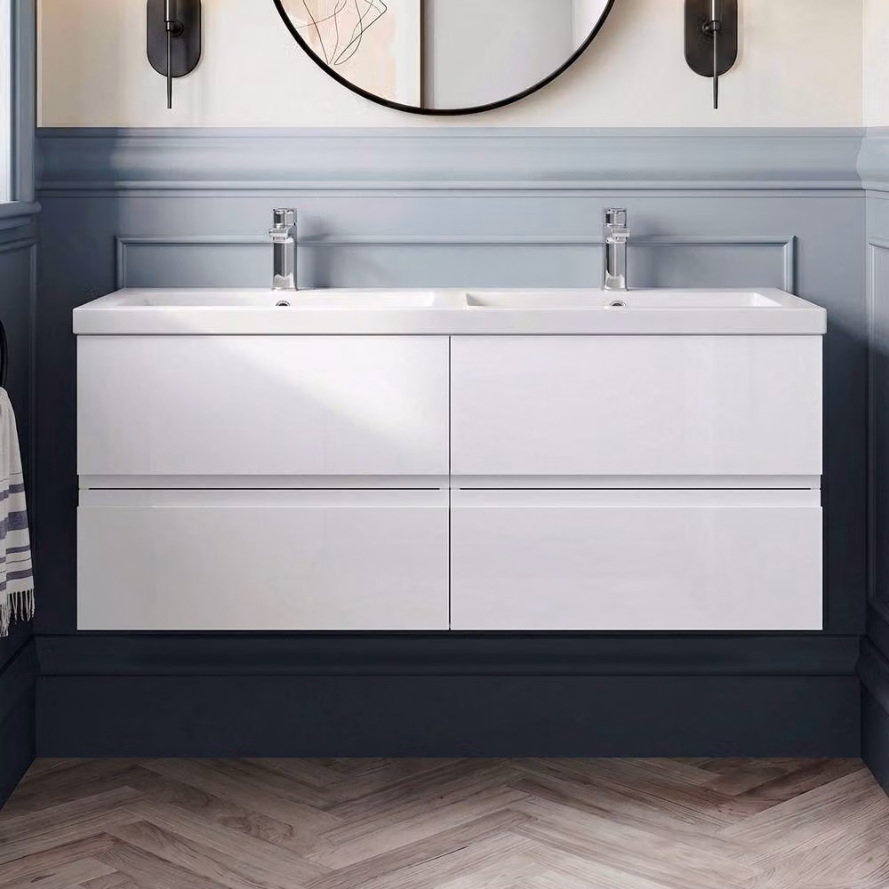 Balterley Mavesyn 4 Drawer Wall Hung Vanity Basin Unit, Satin White, W: 120 cm – 2