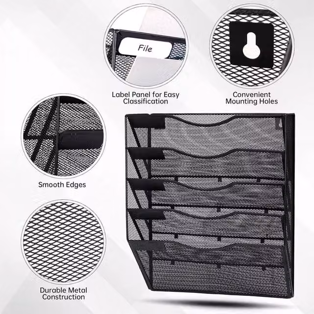 VOGREX 5-Tier Wall Mounted A4 Magazine Rack and Brochure Holder in Matt Black