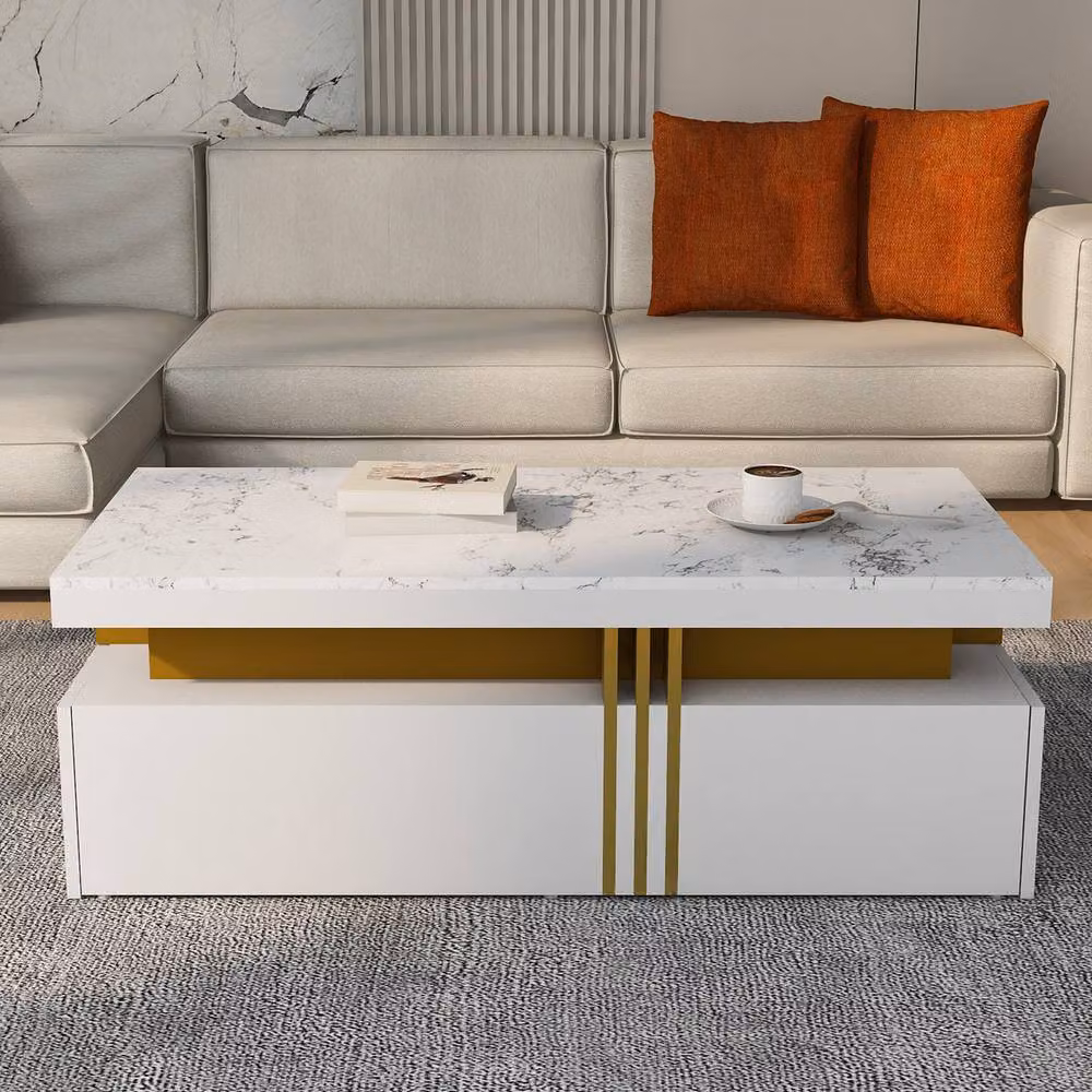 Rolipo Modern White Coffee Table with Marble Effect Top and Drawers – 5