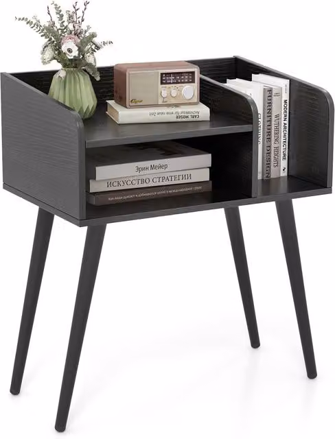 COSTWAY Mid Century Nightstand End Table with Open Shelves in Black Metal