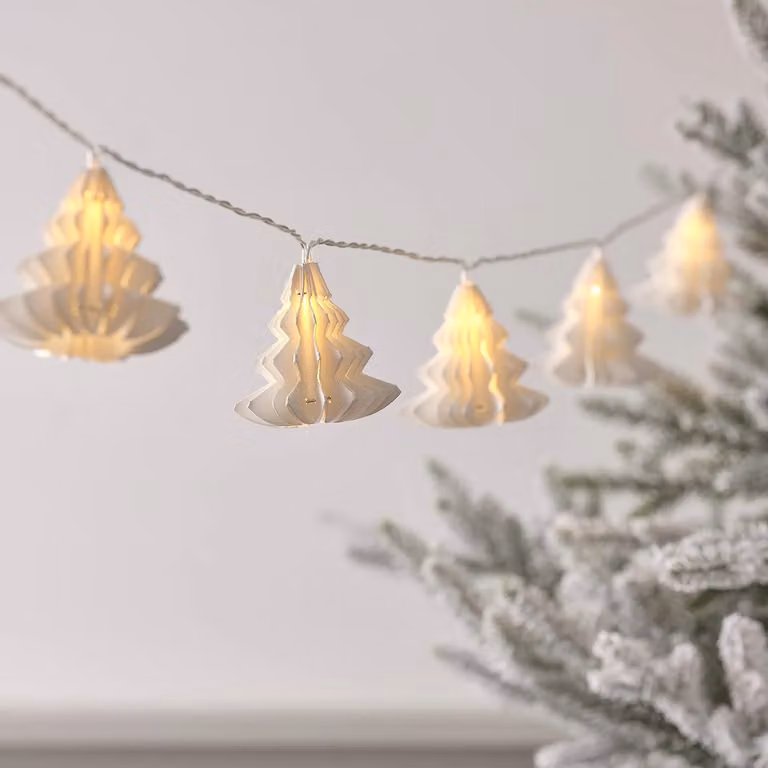 Lights4fun White Paper Christmas Tree Garland with 10 Warm White LEDs, Battery Operated, 1.8m