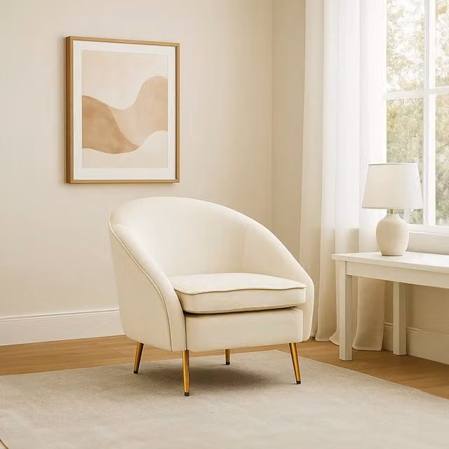 Orsina Beige Velvet Tub Armchair with Gold Metal Frame