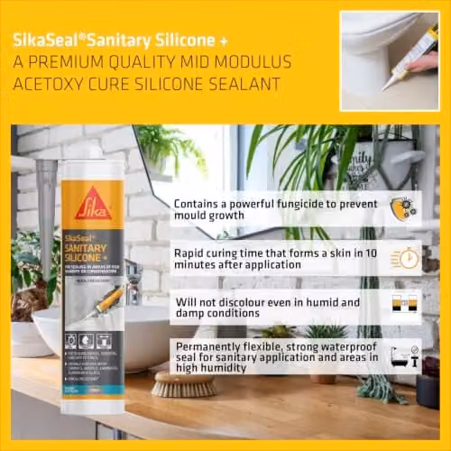 Sika SikaSeal Sanitary Silicone + Mould Resistant Waterproof Sealant, Grey, 295ml – 3