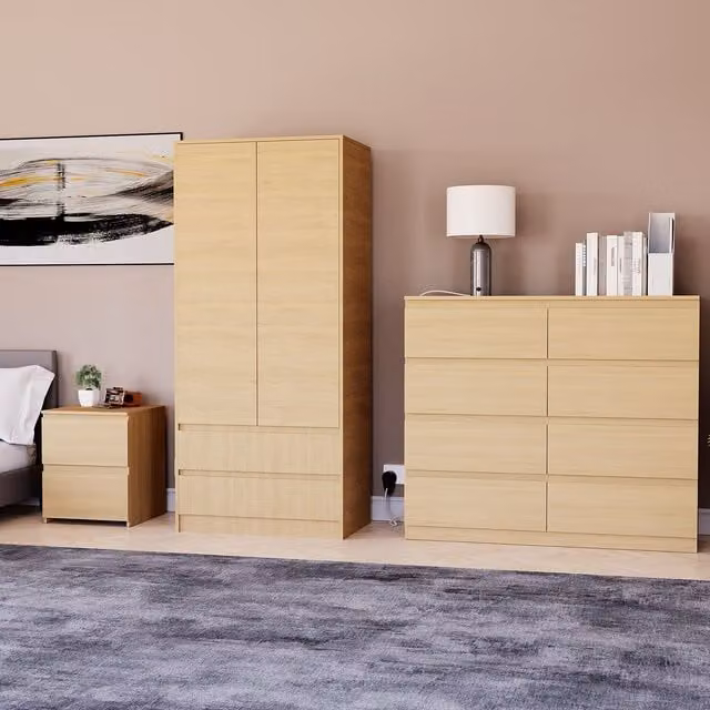 Vida Designs Denver Bedroom Set in Brown including 2 Bedside Tables, 8 Drawer Chest and Wardrobe – 1