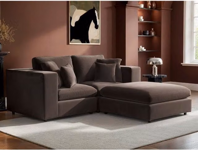 SolaceCo Asher 3 Seater Velvet Sofa with Matching Ottoman and Scatter Cushions in Brown Mocha