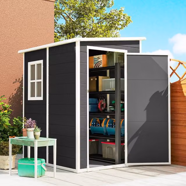 Outsunny Black Plastic and Metal Lean-to Garden Shed with Lockable Single Door