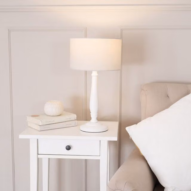 ValueLights Victoria White Wood Traditional Stem Table Lamp with Beige Fabric Drum Shade