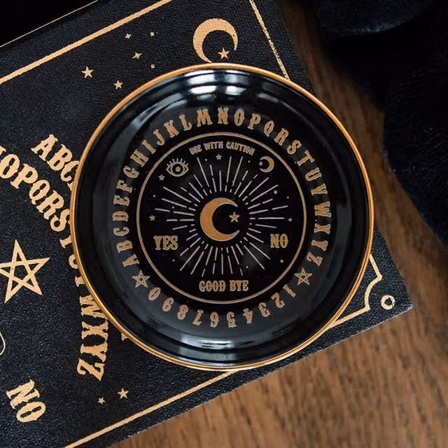KDMK Mystical Talking Board Round Metal Trinket Dish in Black and Gold