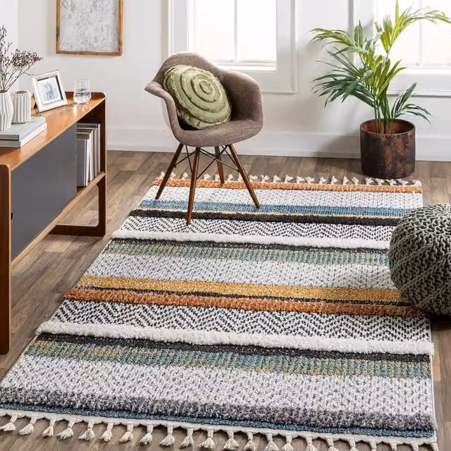 Livabliss Lofty-Shaggy Vintage Boho Plush Soft Pile Fringe Rug in Multicolour White Black and Yellow, W: 160 cm, L: 215 cm – 1