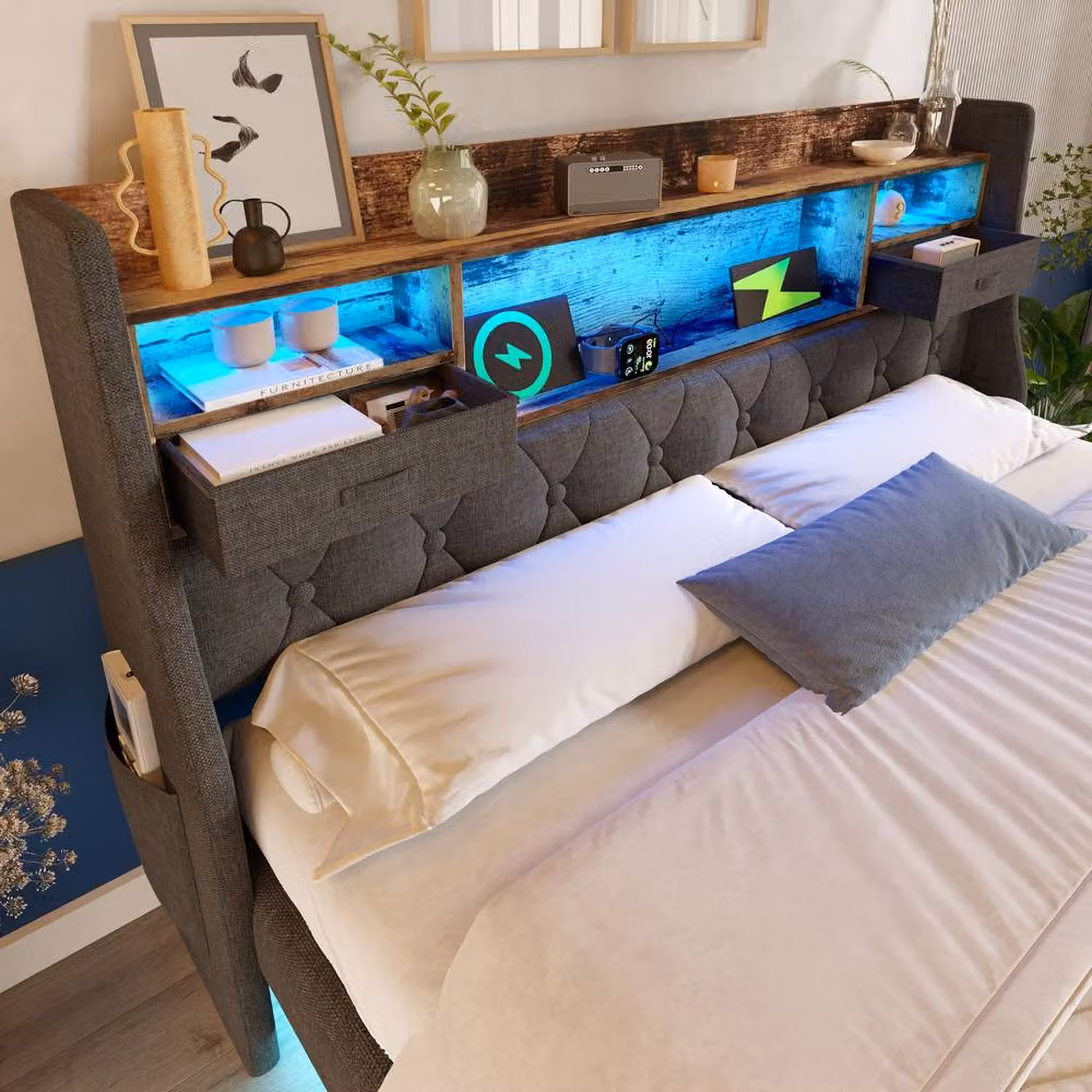 ModernLuxe Grey Upholstered Floating Super King Bed with LED Lighting, USB Charging Port and Storage Headboard W/D/H: 180 x 200 cm – 6